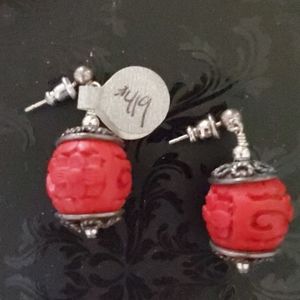 Hand Carved Red Coral Earrings NWT!